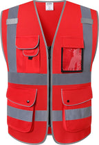JKSafety 9 Pockets High Visibility Zipper Front Safety Vest With Reflective Strips,Meets ANSI/ISEA Standard (Medium, 150-Red)