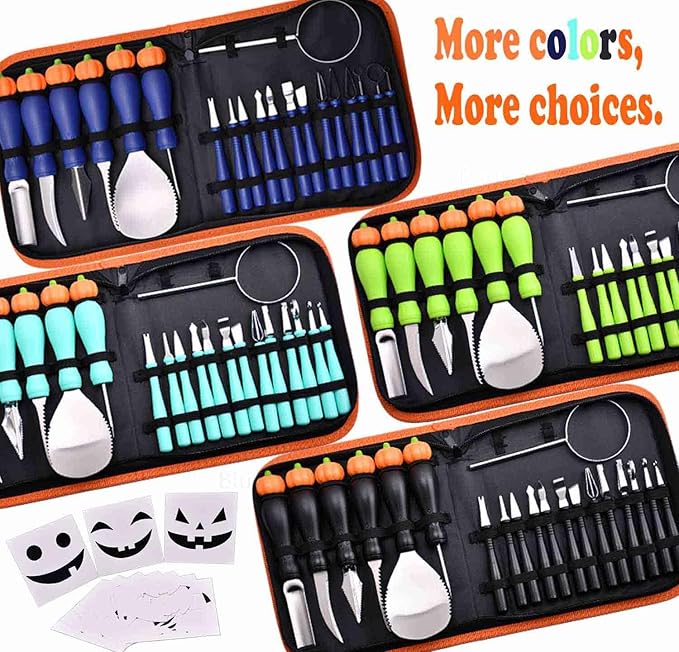 Pumpkin Carving Kit Heavy Duty Stainless Steel Tools with Carrying Case (Total 31 Pieces) Pumpkin Carver Pumpkin Sculpting Set Halloween Party Decorating Gift for Adults (Black)