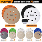 POLIWELL 5 Inch Sanding Discs Hook and Loop 8 Hole Heavy Duty Silicon Carbide Sandpaper 2000 3000 4000 5000 7000 10000 Grit with Interface Pad for Wet/Dry Sanding Grinder Polishing,30 Pack