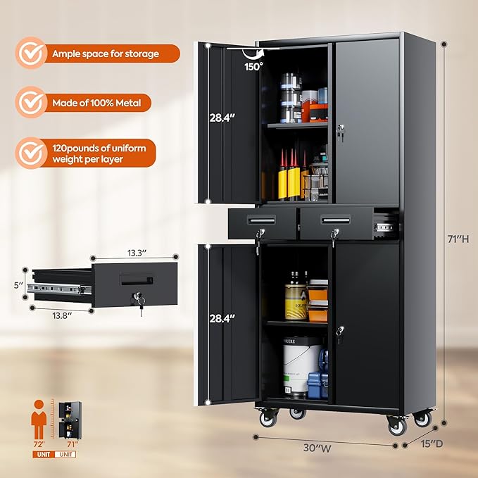 Metal Garage Storage Cabinet with Wheels,Rolling Tool Cabinet with 2 Lockable Drawers for Garage Warehouse Home,Required Assembly,Black,71" H*30" W*15" D