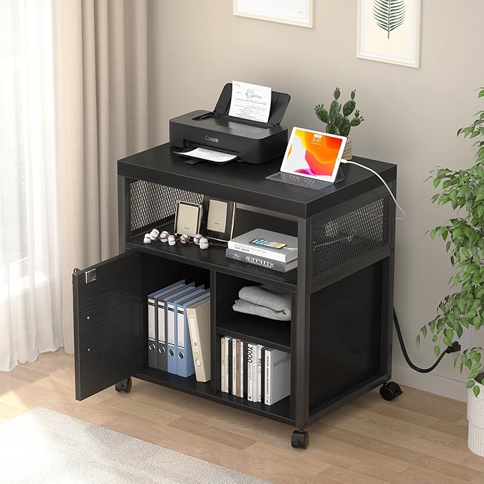 Unikito Lateral File Cabinet, Locking Office Filing Cabinets with Socket and USB Charging Port, Modern Rolling Printer Stand with Storage for A4, Letter Size and File Folders, Black