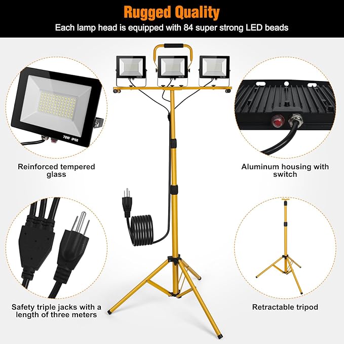 LED Work Lights with Stand, 21000 Lumen, 2-Head Adjustable Work Light, Waterproof Foldable Tripod, 6,500 Kelvin, Extended Cord for Outdoor & Indoor Job Sites, Workshops, Construction, Garage Lighting