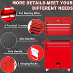 8-Drawer Rolling Tool Chest with Wheels - High Capacity Tool Cabinet with Detachable Top Toolbox for Garage and Workshop Organization - Metal Tool Cart with Liner & 6 Hooks, Red