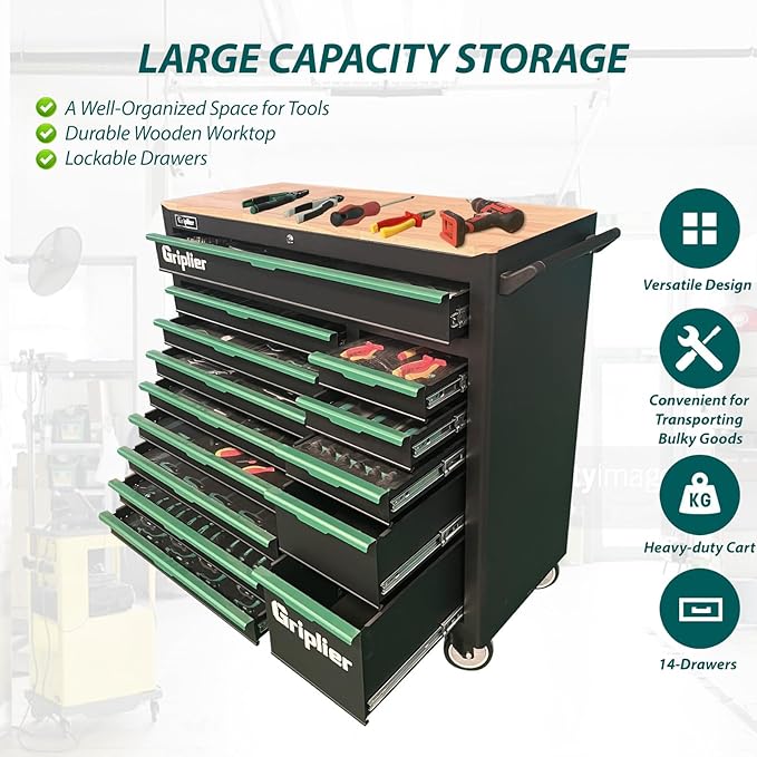 14-Drawers Rolling Tool Chest with Wood Workbench,Brake Casters,Lock & Key,Heavy-Duty Steel Tool Cabinet Storage, for Home,Garbge or Workshop Use (14 Drawer + 348 Pieces Tools)