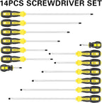 Magnetic long Screwdriver Set 14 PCS,7 Phillips and 7 Flat Head Precision Screwdriver,Professional Cushion Grip and Non-Slip for Repair Home Improvement Craft