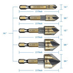 Countersink Drill Bit Set, 5pc, 1/4" Hex Shank, 82 Degree Countersink Holes for Screws to Sit Flush or Under The Surface of Metal Wood Plastic, Sizes 1/4, 3/8, 1/2, 5/8, 3/4 Inches with Storage Case