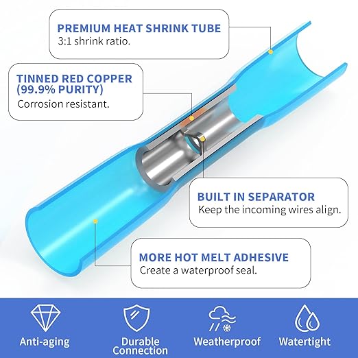 Qibaok 200 PCS Heat Shrink Butt Connectors, Waterproof Insulated Electrical Wire Crimp Connectors Butt Splice Terminal for Automotive Marine Boat Truck Trailer Stereo
