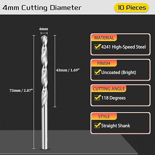 Drill Bit, 4mm Cutting Diameter, 4241 HSS 118° Cutting Angle Uncoated Bright Versatile Jobber Bits - (Applications: for Drilling Plastic Wood Soft Metal), 10-Pieces