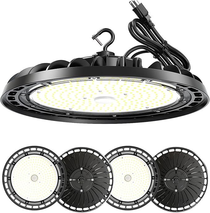 LED High Bay Light 200W, 12' UFO Commercial Lighting Fixture w/Isolated Power Supply, w/Plug for Garage Shop Warehouse Workshop, 5000k 28000lm Dimmable IP65 UL ETL Listed (4 Pack)