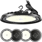 LED High Bay Light 200W, 12' UFO Commercial Lighting Fixture w/Isolated Power Supply, w/Plug for Garage Shop Warehouse Workshop, 5000k 28000lm Dimmable IP65 UL ETL Listed (4 Pack)