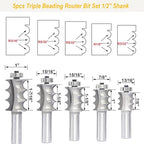 5pcs Triple Beading Router Bit Set,1/2" Shank,Radius 3/32",1/8",5/32", 5/32" and 3/16",Bearing Guided Cutters for Wood Multiple Beads Profiling,Molding,Edging