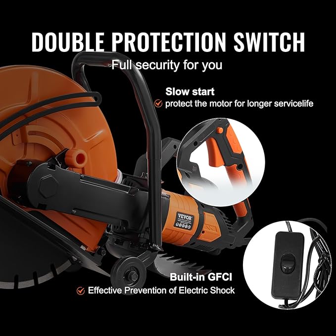 VEVOR Electric Concrete Saw, 16 in, 3200 W Motor Circular Saw Cutter with Max. 6 in Adjustable Cutting Depth, Wet Disk Saws Cutter Includes Water Line, Pump and Blade, for Stone, Brick