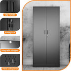 Aobabo Metal Cleaning Tool Storage Cabinet with Lockable Door, 13 Hooks and Towel Racks, Broom Closet Storage Cabinet for Janitorial Supplies, 61.61" H×27.55" W×13.77" D, Assembly Required, Black