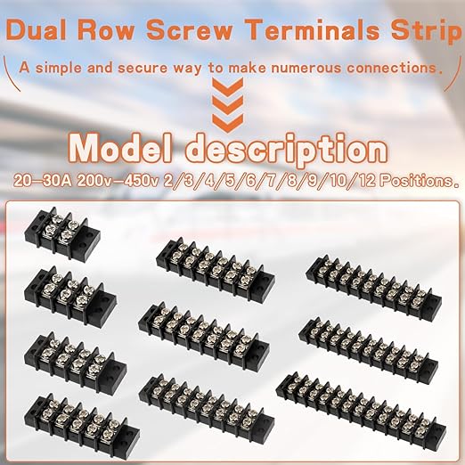 3 Circuits 3 Positions Terminal Block 20-30A 200-450V Dual Row Screw Terminals Strip with 30 PCS Heat Shrink Wire Fork Connectors(Pack of 5pcs)
