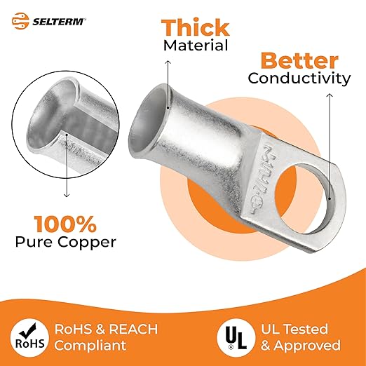 SELTERM 5pcs 1/0 AWG 1/2" Stud Tinned Copper Wire Lugs, Battery Cable Ends, Ring Terminals, 0 Gauge Terminal Connectors, UL Marine Grade Electrical Connectors