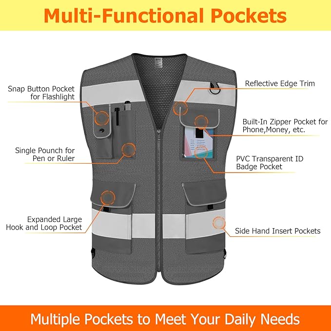 TCCFCCT Mesh Grey Safety Vest for Men Women 9 Pockets High Visibility Vest for Safety, Reflective Vest for Construction Work, Hi Vis Vest with Reflective Strips, Meet ANSI/ISEA Standards, Large