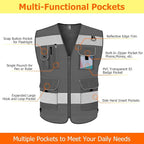 TCCFCCT Mesh Reflective Safety Vest 9 Pockets High Visibility Vest for Men Women, Hi Vis Reflective Work Vest for Safety, Meets ANSI/ISEA Standards, (Grey, XX-Large)