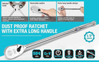 DURATECH Extra Long Handle 1/2-Inch Drive Ratchet, 90-Tooth Ratchet Wrench with 15" Handle and Dust Proof Teardrop Enclosed Head, Reversible, CR-V Steel Made, CR-MO Head, Full Polished, Gifts for Men