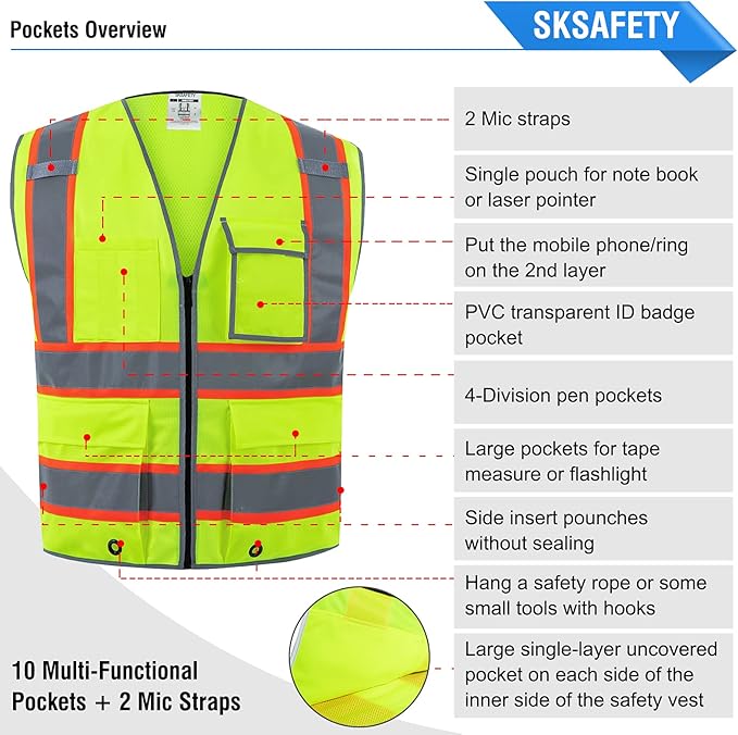 SKSAFETY 10 Pockets Safety Vest, Class 2 High Visibility Security with Zipper Back Mesh, Hi Vis Vest with Reflective Strips, ANSI/ISEA Standard, Construction Work Vest for Men ＆ Women （Lime, 4XL）