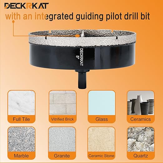 5 inch Diamond Hole-Saw Bits with Pilot Drill Bit -5" Diamond Tipped Tile Hole Saws with Guiding Bit Accurate Drilling for Porcelain Tile Ceramic Pottery Granite Stone Glass Bottles 125mm.