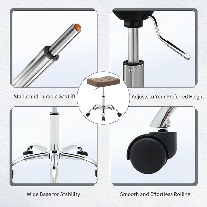 Ergonomic Desk Stool with Wheels (Adjustable Height 17"-21") (300lbs Capacity) Faux Leather Office Stool (Coffee Brown)