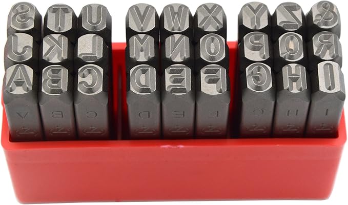 27pcs Heavy Duty Steel Stamp Uppercase Letters 1/4 6mm Hand Stamping Character Mark Code Alphabet Punch Kit for Bracelet Ring Jewelry Sheet Metal Plate Making Mold Die