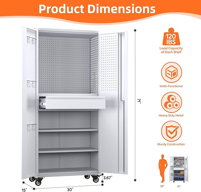 Metal Garage Storage Cabinet with Wheels and Lockable Doors, 71" H Rolling Tool Cabinet with Pegboard,Hooks and Drawer for Garage Warehouse Home,Required Assembly,Grey and White