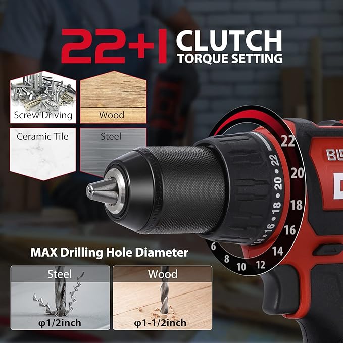 DCK Brushless Cordless Drill Set, 20V Max Electric Drill with 4.0Ah Battery 531in.lbs, 1/2Inch Keyless All-Metal Chuck, 2 Variable Speeds, Power Drill Kit for Screw Wood/Ceramic/Tile/Steel KDJZ04-13
