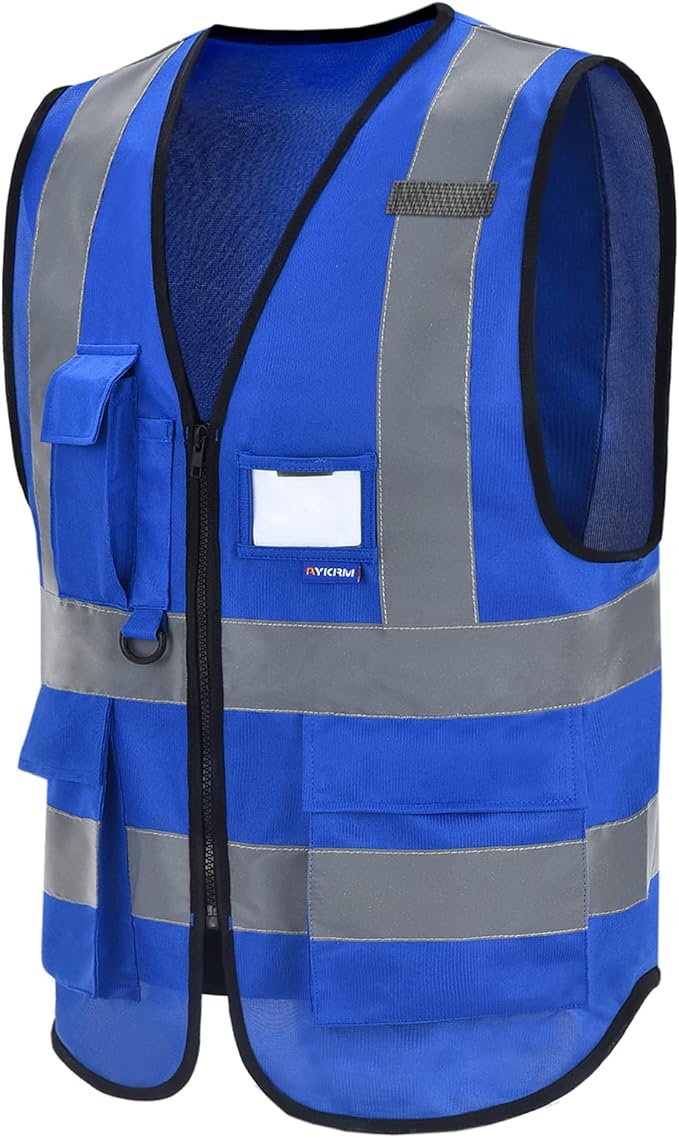 A-SAFETY Blue High Visibility Vest Reflective Safety Vest,Hi Vis Bright Neon Color with 4 Reflective Strips 7 Pockets,XXXL