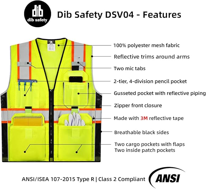Dib Safety Vest Reflective Yellow Mesh, High Visibility Vest with Pockets and Zipper, ANSI Class 2 Heavy Duty, Made with 3M Reflective Tape 4XL
