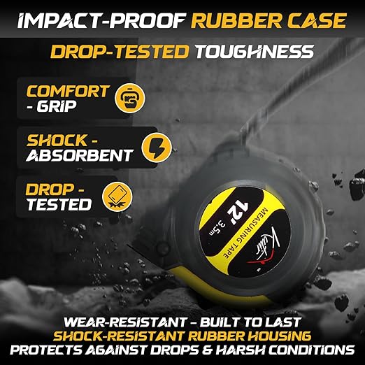 12-Ft Tape Measure with Magnetic Hooks, Fraction Markings, Steel Retractable, Both Side Ruler, Easy to Read Measuring Tape, Shock Absorbent Rubber Case