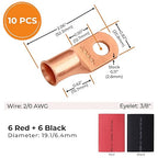 SELTERM 10pcs - 2/0 Awg - 3/8" Stud - Battery Lugs - Ring Terminal Connectors | with 12pcs 3:1 Black & Red Heat Shrink Tubing with Adhesive | Heavy Duty Battery Cable Ends - Bare Copper Wire Lugs Kit