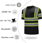 High Visibility Shirts Quick Dry Safety T Shirts with Reflective Strips and Pocket Short Sleeve Mesh Hi Vis Construction Work Class 2 Shirt for Men/Women Black,2XL