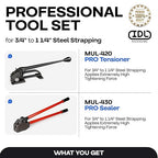 IDL Packaging PRO Strapping Tool Set for 3/4" to 1 1/4" Steel Strapping – Heavy-Duty Tensioner and Sealer for Metal Banding – Packaging Strapping Tool Kit to Secure Heavy Packages