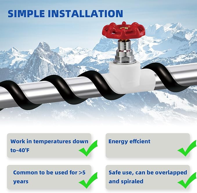 30FT Heat Cable for Water Pipes, Prevent Freezing & Easy Installation, Water Pipe Heat Cable With Thermostat Self-Regulating, Pipe Heating Trace System 120 V
