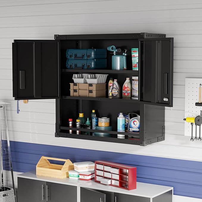 VINGLI Garage Wall Cabinet with Locking Doors and Adjustable Shelf, Metal Wall Cabinet, Floating Upper Storage Cabinet (Black, 30''W x 12''D x 30''H)