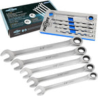 FIRSTINFO F3432SA Taiwan SAE Spline Box End Ratcheting Combination Wrench Set, Spanners with Anti-Slip V-Groove Open End | 5-piece | 72T | Lightweight | Mechanics Tray