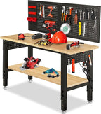 Adjustable Height Work Bench 48×24 Workbench for Garage with Under Table Shelf Heavy Duty Rubber Wood Work Table for Shop Woodworking, Office, Home, Commercial