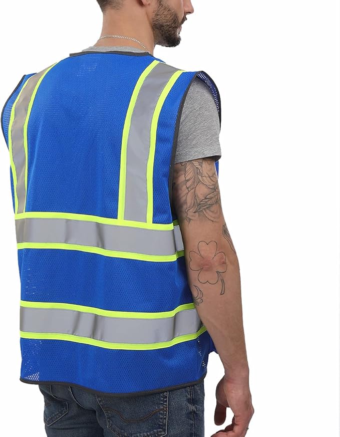 Dib Safety Reflective Mesh Vest High Visibility Two Tone with Pockets and Zipper, Blue Mesh with Yellow Trim 3X