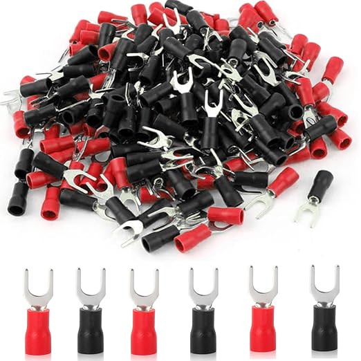 100 Pcs 12-10 AWG Black & Red Insulated Fork Spade Wire Connector U Type Electrical Crimp Terminals SV5.5-4 (#8 USA)