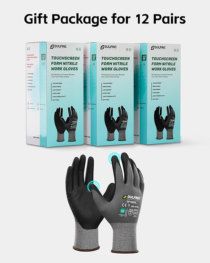 DULFINE Safety Work Gloves MicroFoam Nitrile Coated-3 Pairs Pack,Seamless Knit Nylon Glove with Black Micro-Foam Nitrile Grip,Ideal for General Purpose,Automotive,Home Improvement,Painting(Small)