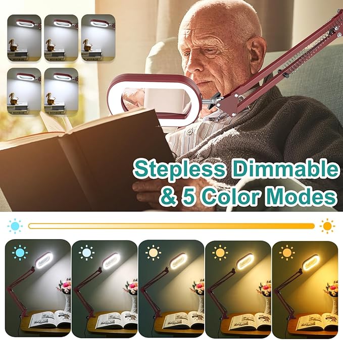 10X Rectangle Magnifying Glass with Light, 5 Color Modes Stepless Dimmable Magnifier with Stand, LED Lighted Clamp Desk Lamp with Swing Arm, Hands Free for Reading Painting Close Work - Red