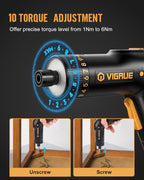 VIGRUE Cordless Screwdriver Set, 8V Max 10Nm Rechargeable Electric Screwdriver with 47 Accessories, 320RPM/10+1 Torque Setting power screwdriver kit, 2 Position Handle with LED Light