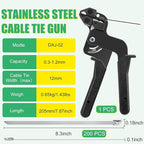 Heavy Duty Stainless Steel Cable Tie Gun Kit with 200 PCS 8.3 Inch Self-Locking Metal Zip Ties, Adjustable Tension & Cutting Tool for Garden Fence Repair, Outdoor Projects, Automotive (8.3'')