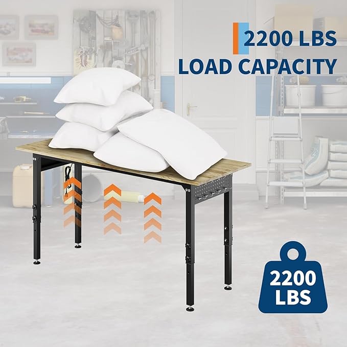 Adjustable Heavy Duty Wood Top Tool Bench Work Bench, 60'' Workbench with Power Outlet, 2000 Lbs Load Capacity Rolling Work Table with Wheels for Home Office Workshop Garage