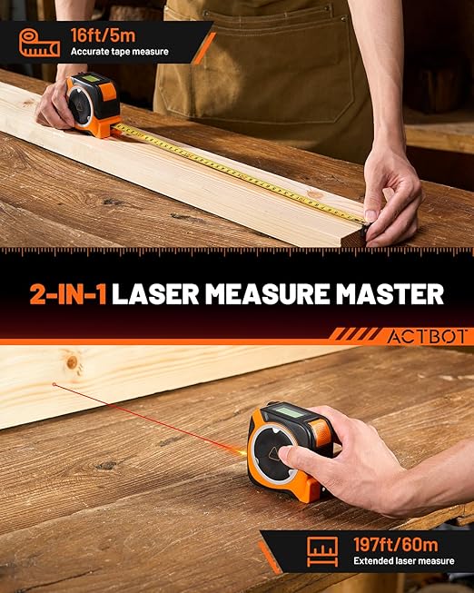 2-in-1 Digital Laser Tape Measure: 197ft & 16ft Professional Accurate Tape Measuring Tool, Ft/Ft+in/in/M, Pythagorean, Area, Volume Rechargeable Laser Measure for Construction DIY Woodworker