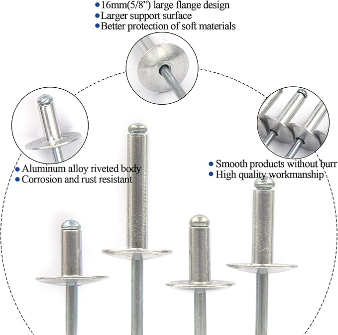 60pcs Large Flange Blind Rivets, Aluminum,Flange Diameter 5/8" (16 mm),Pop Rivets Assortment Kit Blind Rivet,3/16" x 5/8" Inch,Grip Range(8-12mm)