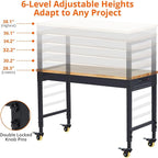 60x22 Inch Heavy-Duty Adjustable Workbench with Rubber Wood Top – 2000LB Capacity Mobile Garage Workstation, Locking Wheels, Power Outlets, Ideal for Workshop, DIY & Tool Storage