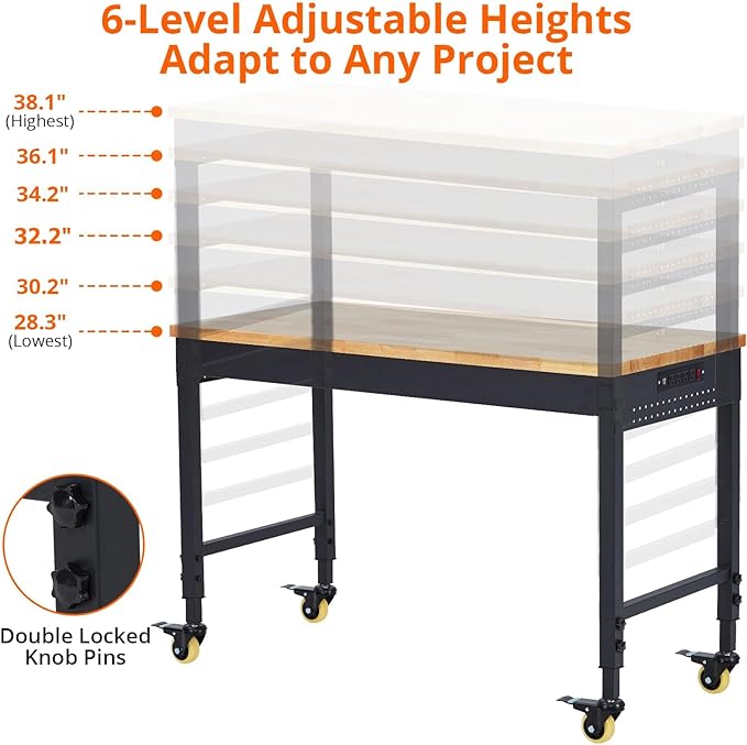 Work Bench 72" Adjustable Height, Heavy-Duty Portable Workbench with Power Outlets for Garage & Workshop, 2000 LBS Load Capacity, Work Table for Office, Home, Easy Assembly