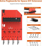 JUNNUJ Large Pegboard Power Tool Organizer with Charging Station, 8 Drills Driver and Tools Battery Holder Wall Mount with 8 Outlet Power Strip, Red 3-Layer Shop Garage Storage Utility Rack